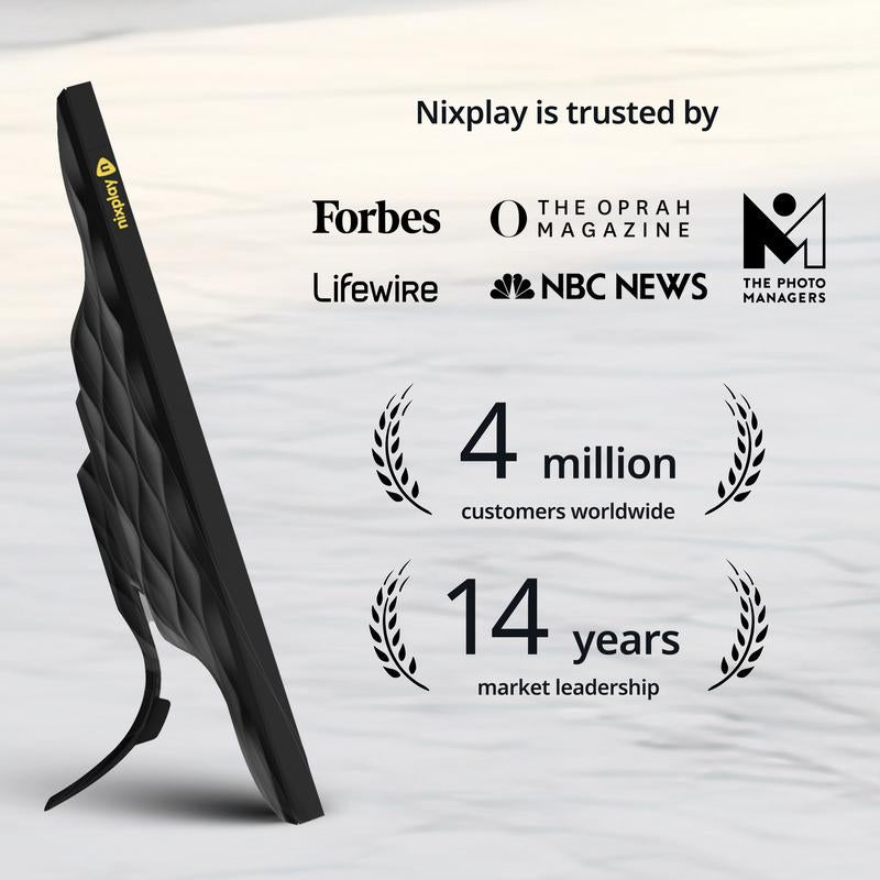 Nixplay Smart Digital Picture Frame 8 Inch Wifi Black AI Enhanced Landscape Mode with Mobile App & Preloaded Content for Gifted Family Playlists - Cloud Secure Storage Photo Decor