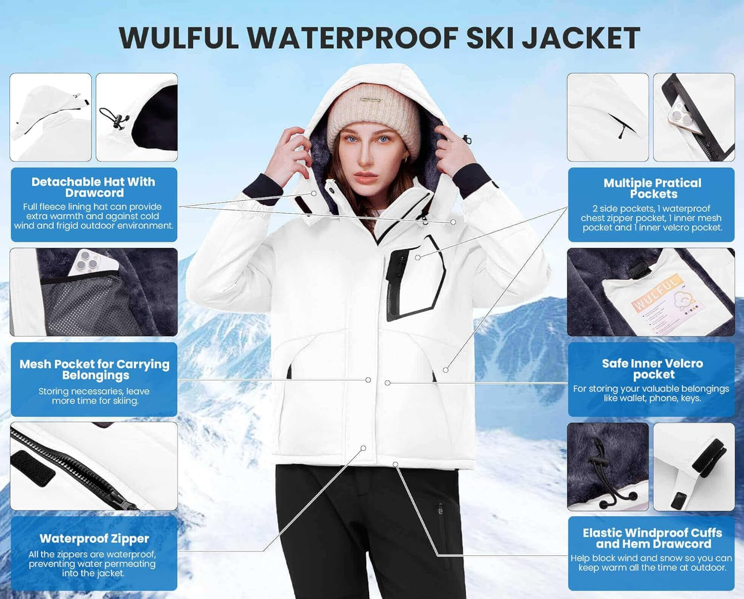 Women'S Waterproof Ski Jacket Warm Winter Coats Windproof Winter Jackets for Women Fleece Lined Windbreaker with Hood
