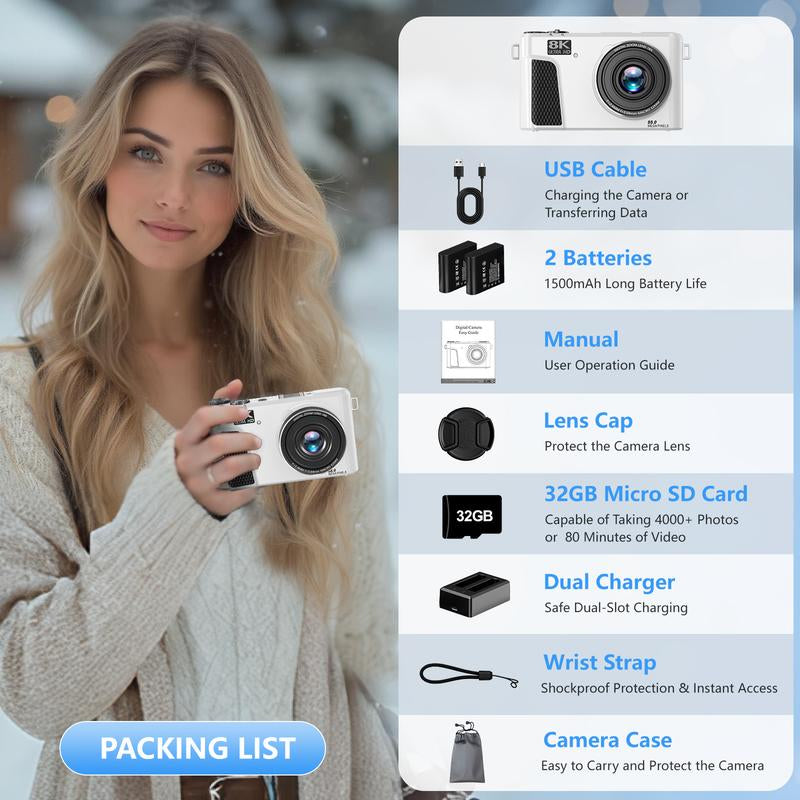 8K Digital Camera for Photography, 88MP Vlogging Camera for Youtube with 3" 180° Flip Screen, 18X Digital Zoom Point and Shoot Cam with 32GB Micro SD Card for Beginner