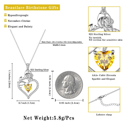 925 Sterling Silver Birthstone Necklace Rose Flower Heart Pendant Jewelry Christmas Valentines Mother'S Day Gifts for Women Mom Wife/Lover