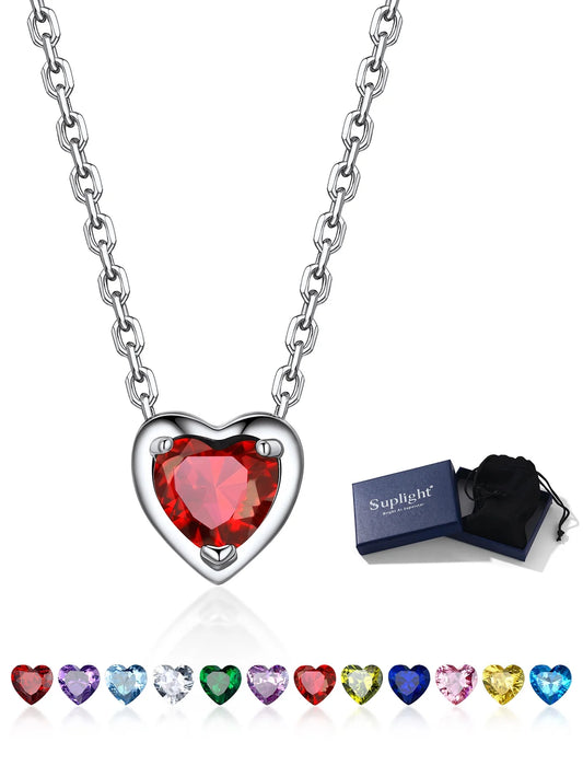 Silver Necklace 925 Sterling Silver Birthstone Love Heart Necklace Valentine'S Day Gift for Her