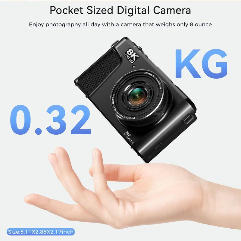 8K Digital Camera for Photography, 88MP Vlogging Camera for Youtube with 3" 180° Flip Screen, 18X Digital Zoom Point and Shoot Cam with 32GB Micro SD Card for Beginner
