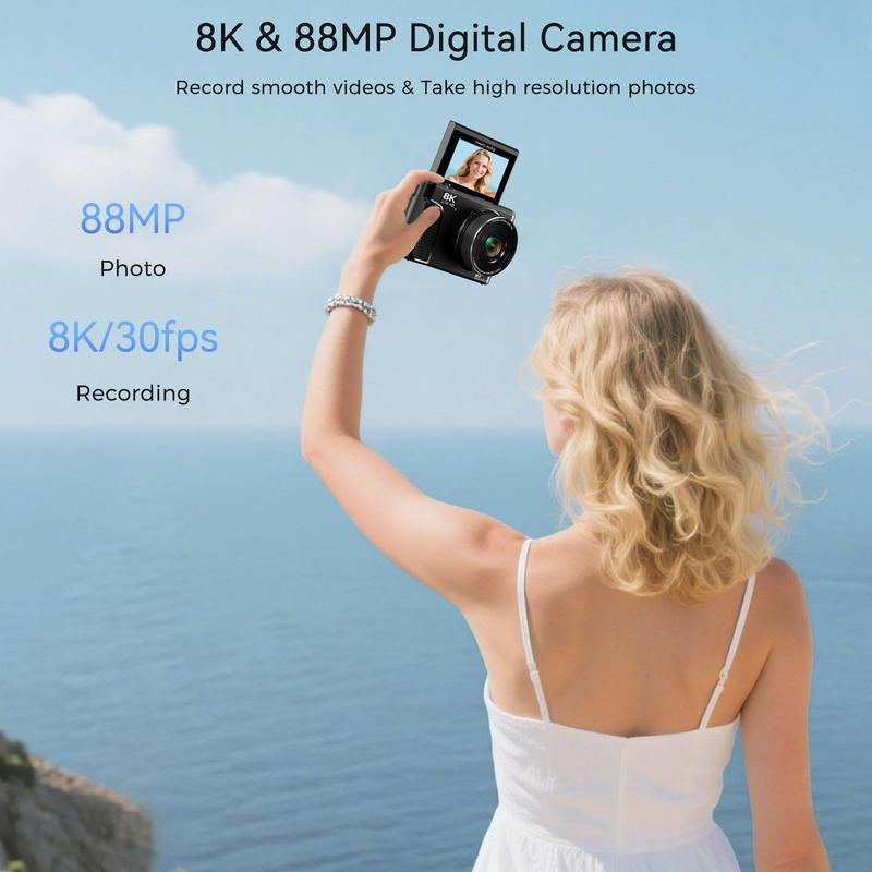 8K Digital Camera for Photography, 88MP Vlogging Camera for Youtube with 3" 180° Flip Screen, 18X Digital Zoom Point and Shoot Cam with 32GB Micro SD Card for Beginner