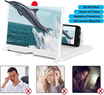 12" Mobile Phone Screen Magnifier,3D HD Mobile Magnifier Projector Screen for Movies,Videos, Foldable Phone Stand with Screen Amplifier,Supports All Smartphones (Black,12 Inches)