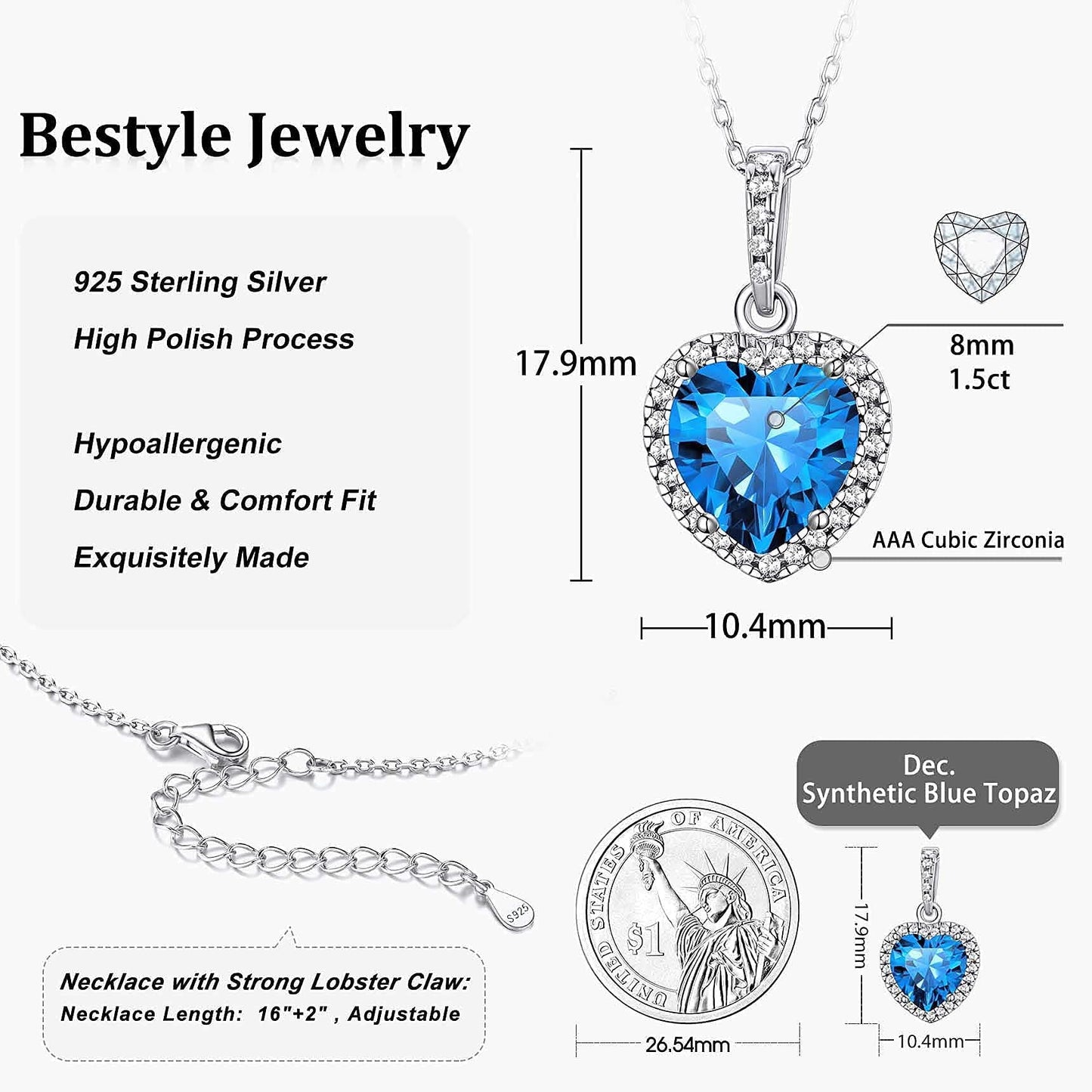 December Synthetic Turquoise Gemstone Pendant 925 Sterling Silver Choker Necklace CZ Love Heart Necklace for Women Wife Mom Daughter