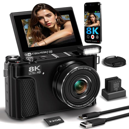 8K Digital Camera for Photography, 88MP Vlogging Camera for Youtube with 3" 180° Flip Screen, 18X Digital Zoom Point and Shoot Cam with 32GB Micro SD Card for Beginner