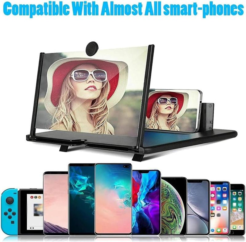 12" Mobile Phone Screen Magnifier,3D HD Mobile Magnifier Projector Screen for Movies,Videos, Foldable Phone Stand with Screen Amplifier,Supports All Smartphones (Black,12 Inches)
