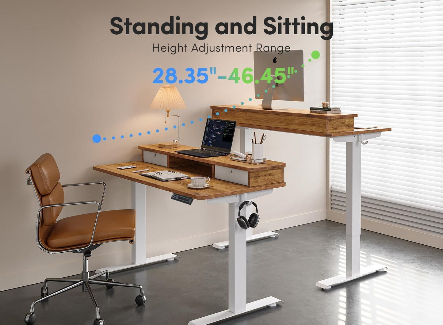 40 X 24 Inch Height Adjustable Electric Standing Desk with Double Drawer, Computer Desk, Home Office Stand up Table with 4 Height-Adjustable Feets & 2 Hooks, Light Rustic