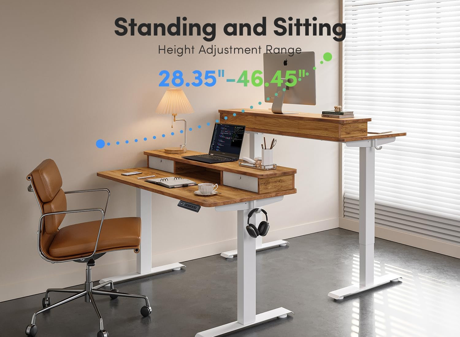 40 X 24 Inch Height Adjustable Electric Standing Desk with Double Drawer, Computer Desk, Home Office Stand up Table with 4 Height-Adjustable Feets & 2 Hooks, Light Rustic