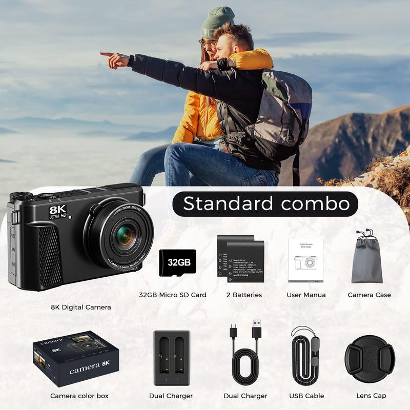 8K Digital Camera for Photography, 88MP Vlogging Camera for Youtube with 3" 180° Flip Screen, 18X Digital Zoom Point and Shoot Cam with 32GB Micro SD Card for Beginner