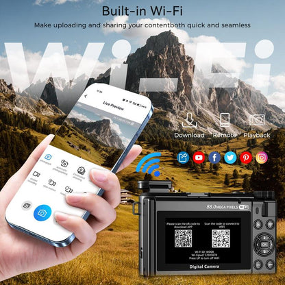 8K Digital Camera for Photography, 88MP Vlogging Camera for Youtube with 3" 180° Flip Screen, 18X Digital Zoom Point and Shoot Cam with 32GB Micro SD Card for Beginner