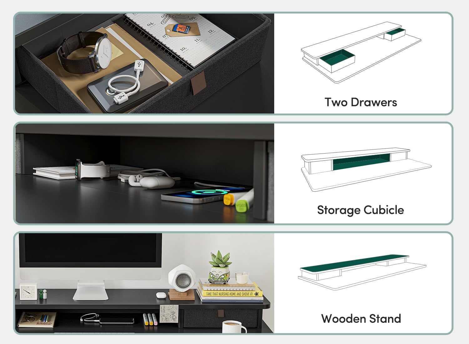 60 X 24 Inch Height Adjustable Electric Standing Desk with Double Drawer, Stand up Desk with Storage Shelf, Sit Stand Desk, Black