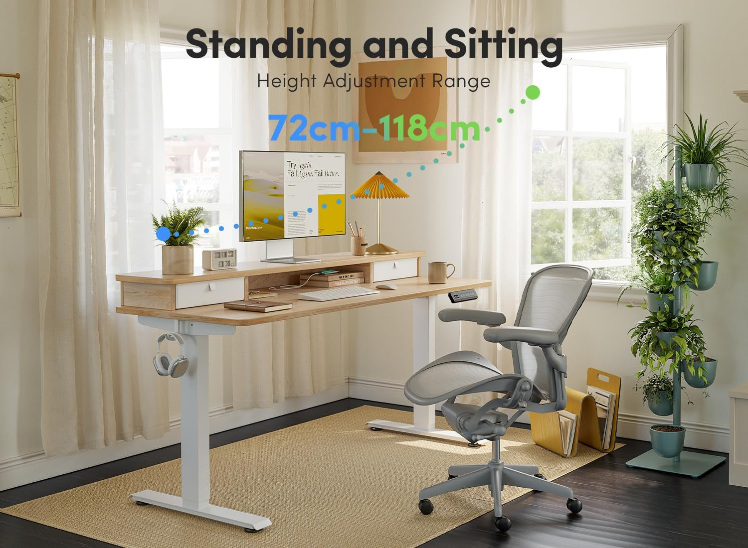 40 X 24 Inch Height Adjustable Electric Standing Desk with Double Drawer, Computer Desk, Home Office Stand up Table with 4 Height-Adjustable Feets & 2 Hooks, Light Rustic