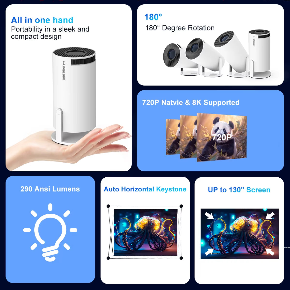 HY300 Pro 8K Android Projector with Dual WiFi 6, 290 ANSI Lumens, Allwinner H726, Bluetooth 5.0, 1080P and 1280x720P for Home Cinema and Outdoor Use